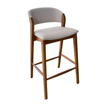 Porto Wooden Stool Upholstered Seat Linen Fabric Beige 001A