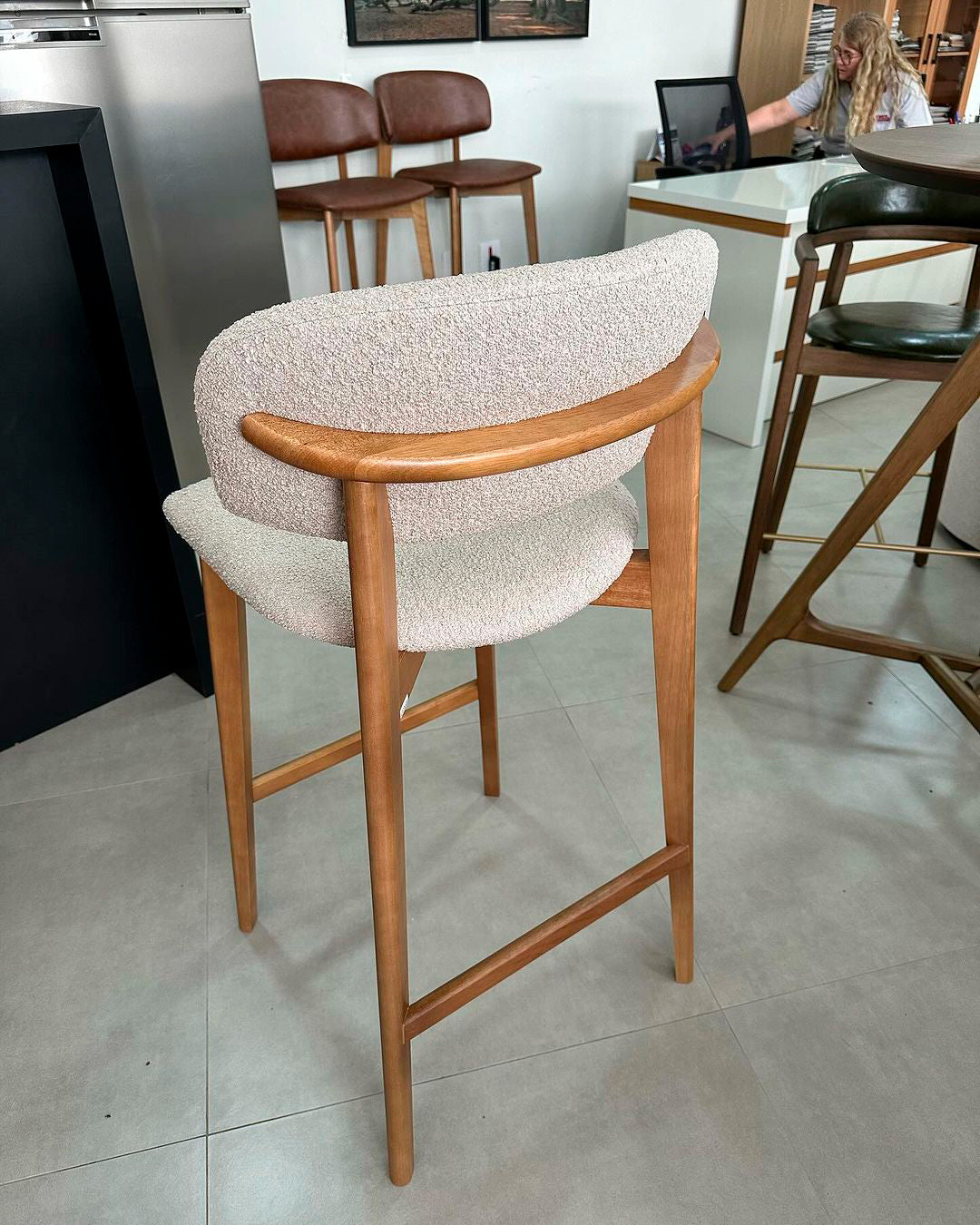 Monic Almond Wood Stool Upholstered Backrest and Seat in Bucle Fabric 566