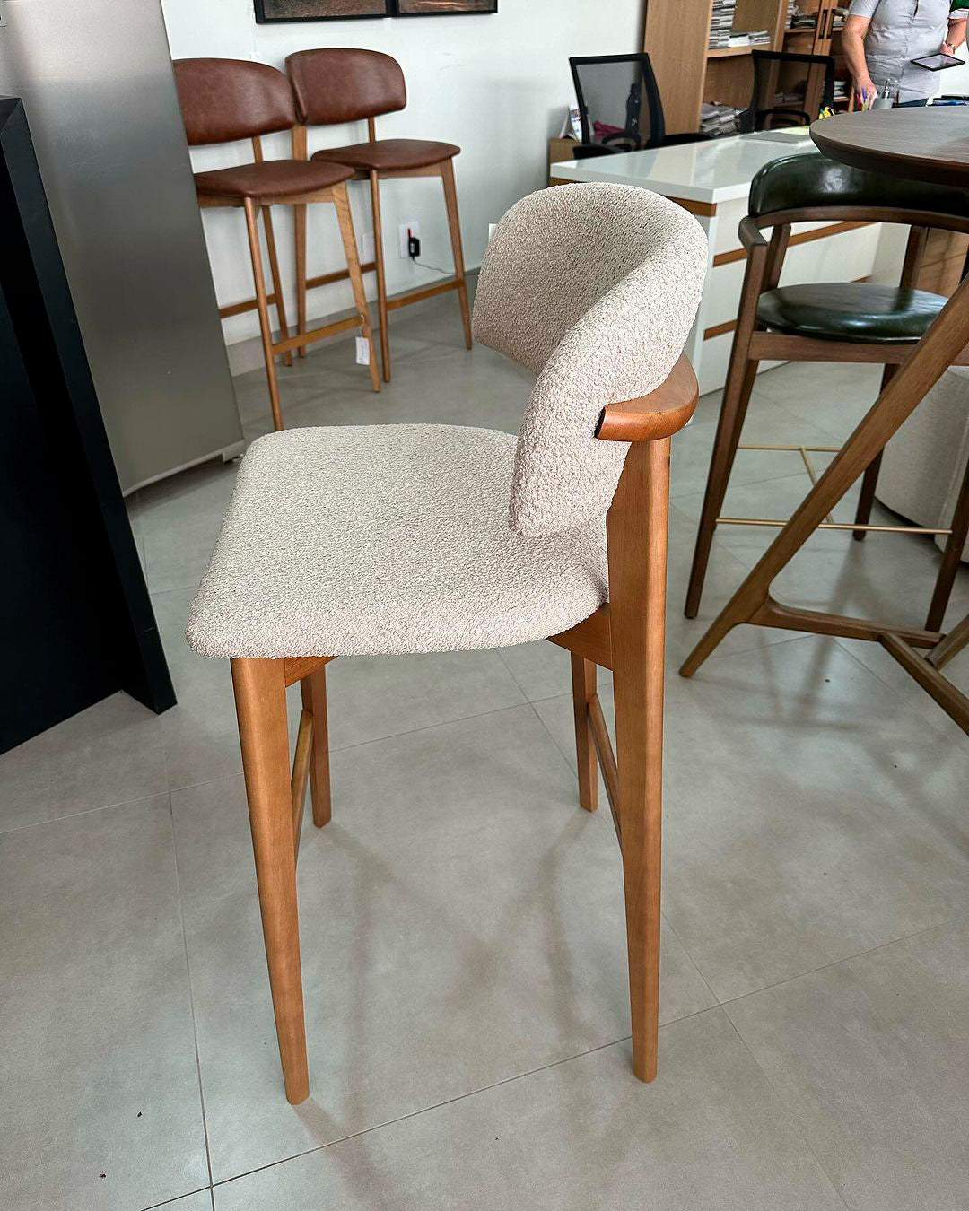 Monic Almond Wood Stool Upholstered Backrest and Seat in Bucle Fabric 566