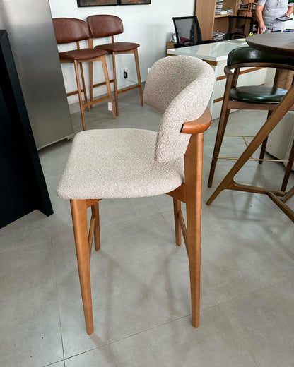 Monic Almond Wood Stool Upholstered Backrest and Seat in Bucle Fabric 566