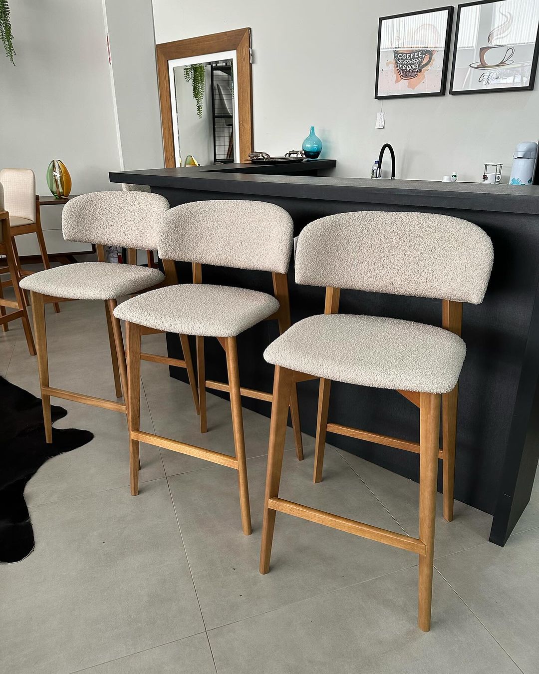 Monic Almond Wood Stool Upholstered Backrest and Seat in Bucle Fabric 566