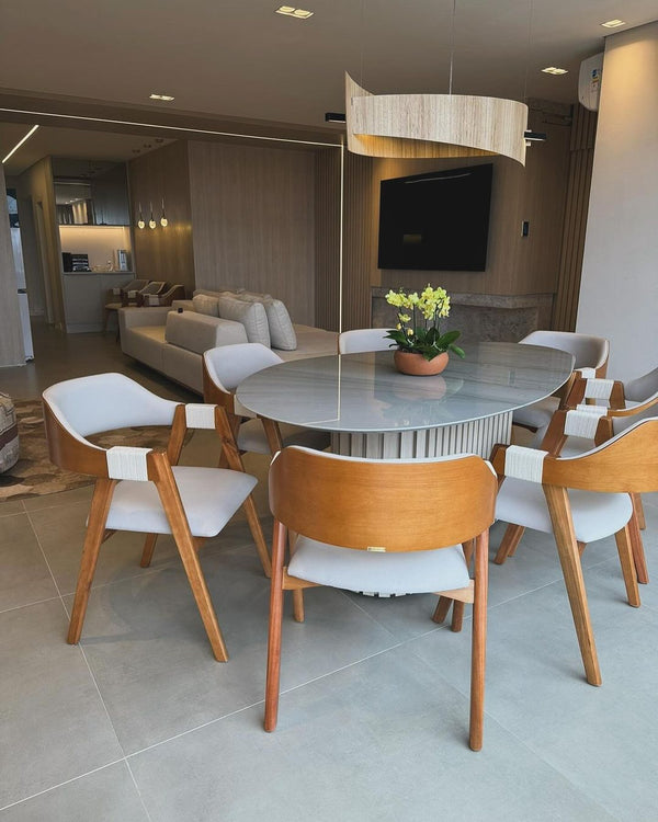 Cadeira Zaki Madeira Assento Estofado Tecido Linho Bege 001A