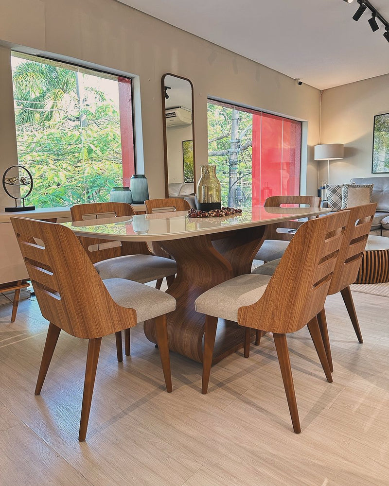 Janaina Dining Table 180x90x76cm Walnut Wood White Glass Top Off White