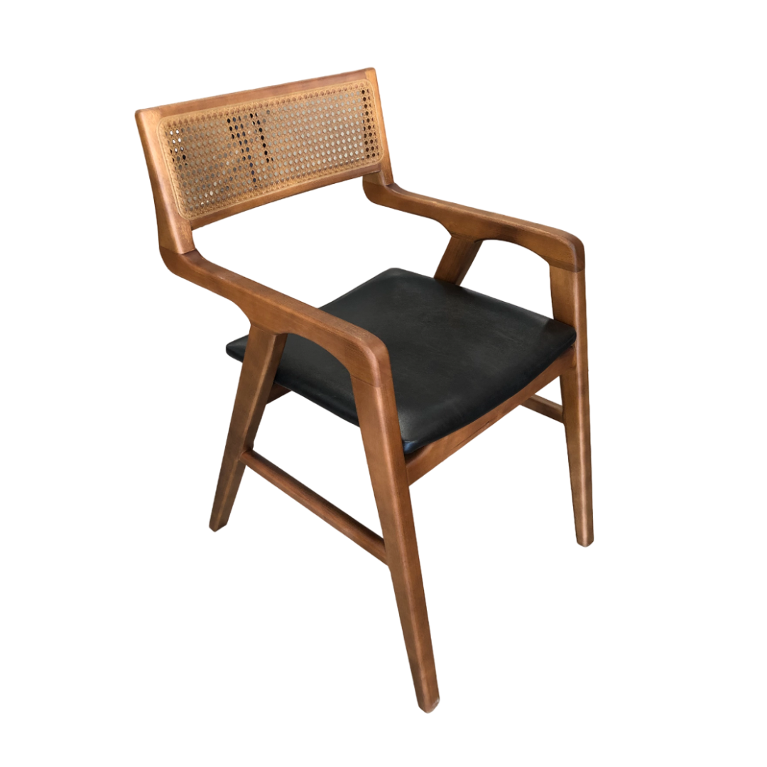 Silla Florida con Brazo Madera Marrón Oscuro Asiento Tapizado en Tela Hexagonal Cuero Negro