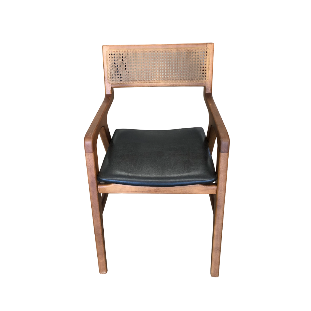 Silla Florida con Brazo Madera Marrón Oscuro Asiento Tapizado en Tela Hexagonal Cuero Negro