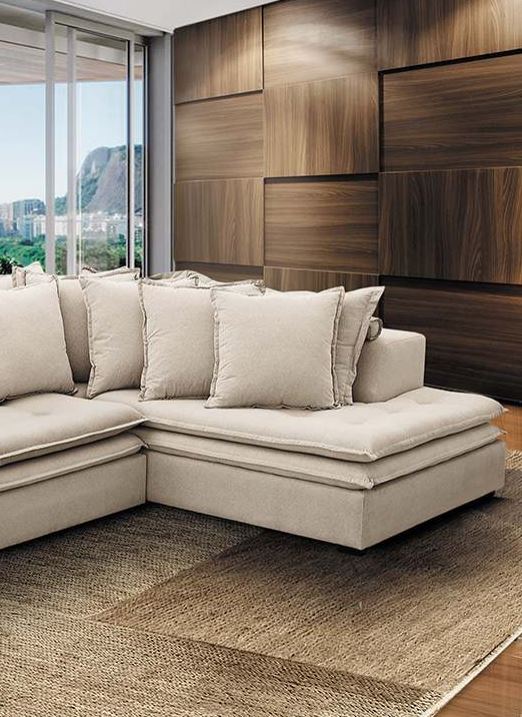 Ambiente 2 com Sofá Estofado Charme Retrátil Linho Off White