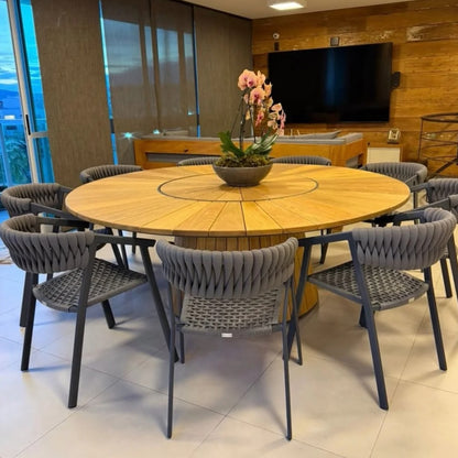 Mesa de Jantar Ayron Redonda Madeira Maciça Freijó com Prato Giratório 220cm