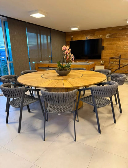 Mesa de Jantar Ayron Redonda Madeira Maciça Freijó com Prato Giratório 220cm