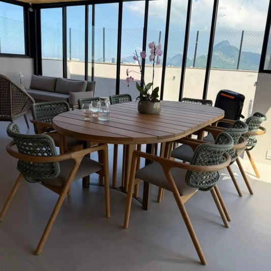 Mesa de Jantar Lyse Oval Alumínio Cinza Micro Tampo Madeira Maciça Cumaru 300x120cm | Toth Móveis