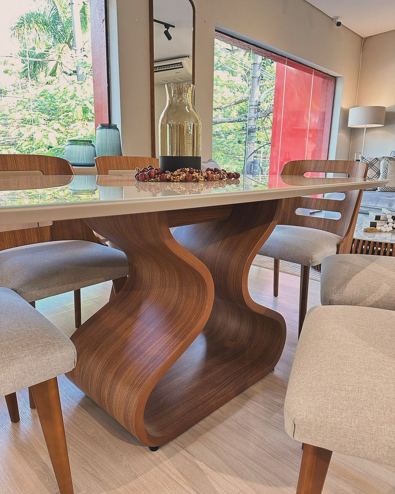 Janaina Dining Table 180x90x76cm Walnut Wood White Glass Top Off White