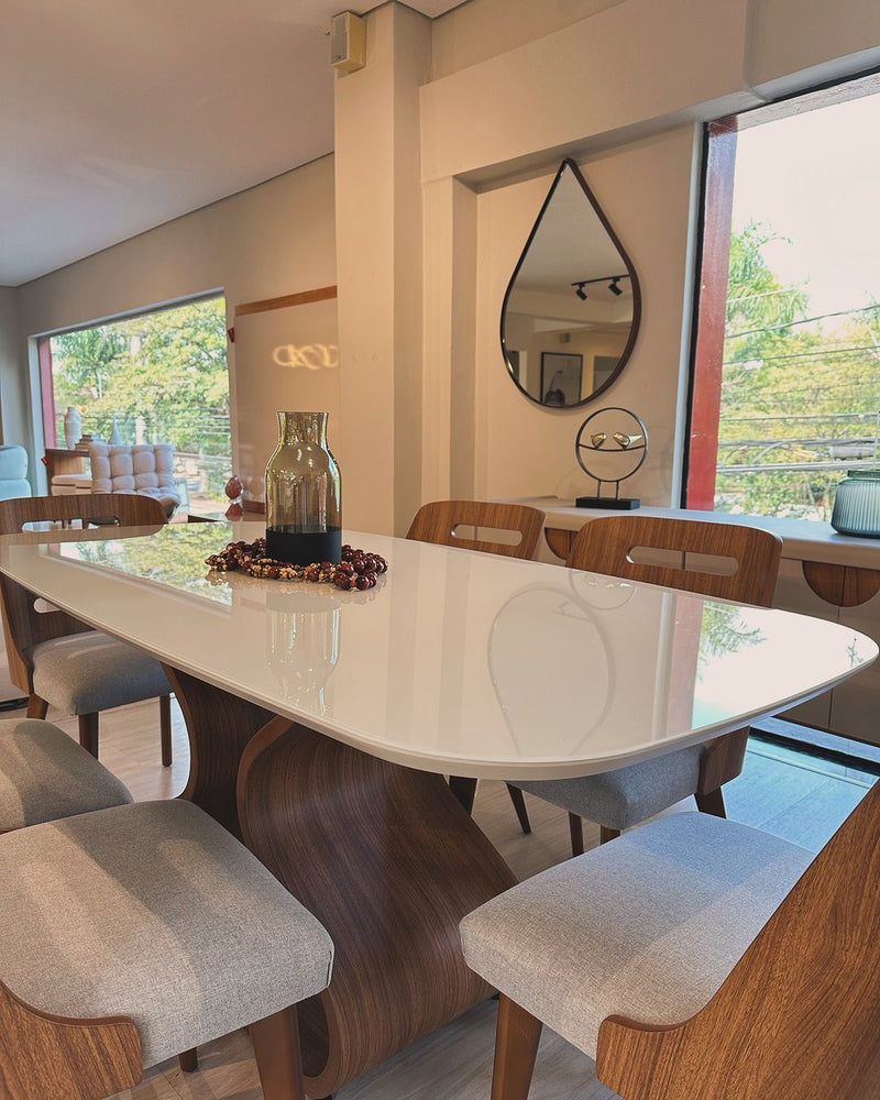 Janaina Dining Table 180x90x76cm Walnut Wood White Glass Top Off White