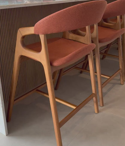 Goda Stool Cinnamon Wood Upholstered Fabric Backrest and Seat 162