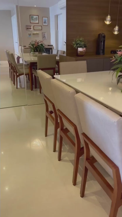 Mesa de Jantar Mari Madeira Cor Jequitibá BN Tampo Vidro Off White 220x110cm