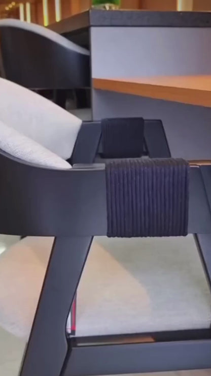 Zaki Chair Black Wood Upholstered Seat Beige Linen Fabric 001A