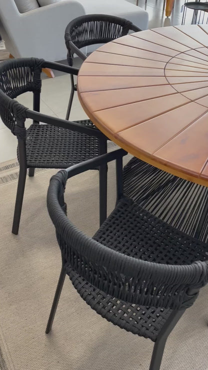 160cm Round Dining Table in Teak Wood with Built-in Turntable, Aluminum Weave Base with Nautical Rope - 6 Seats