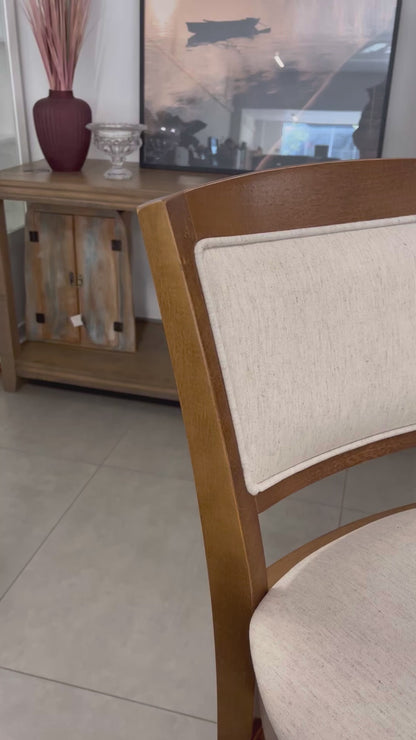Taburete London Color Pino Asiento Tapizado Lino Crema