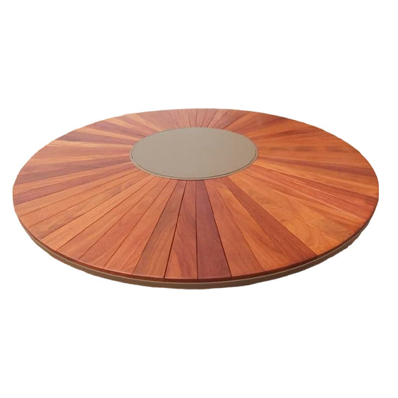 Mesa de comedor redonda con tablero Ripado Pizza Cumaru de 180 cm, madera maciza con borde y plato giratorio de aluminio