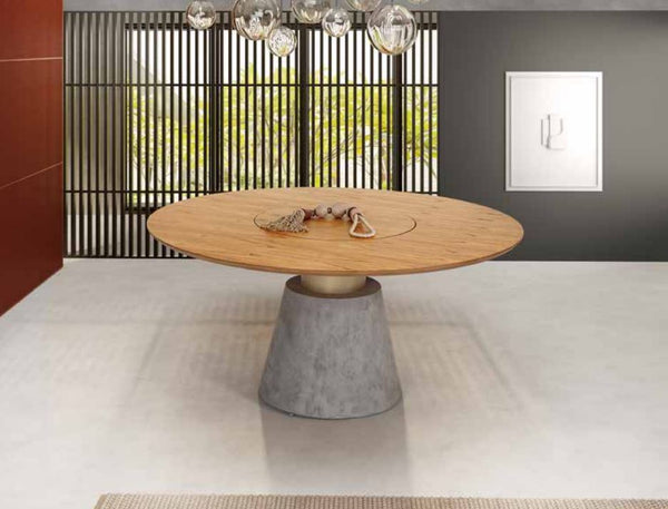 Ambiente 1 com Mesa de comedor Delta con plato giratorio laminado canela y cemento quemado 160 cm