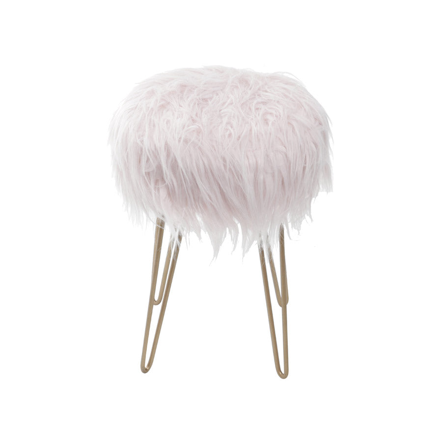 Taburete Petit con pelo largo rosa y metal cobre