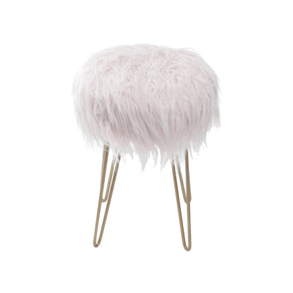 Taburete Petit con pelo largo rosa y metal cobre