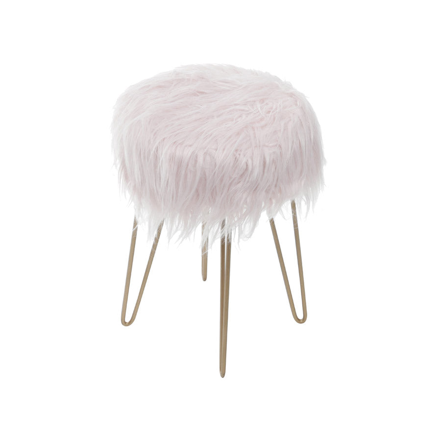 Taburete Petit con pelo largo rosa y metal cobre