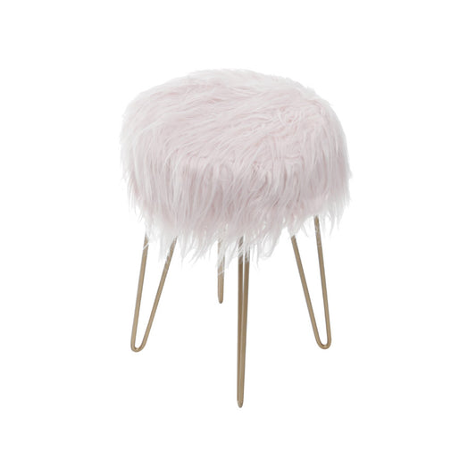 Taburete Petit con pelo largo rosa y metal cobre