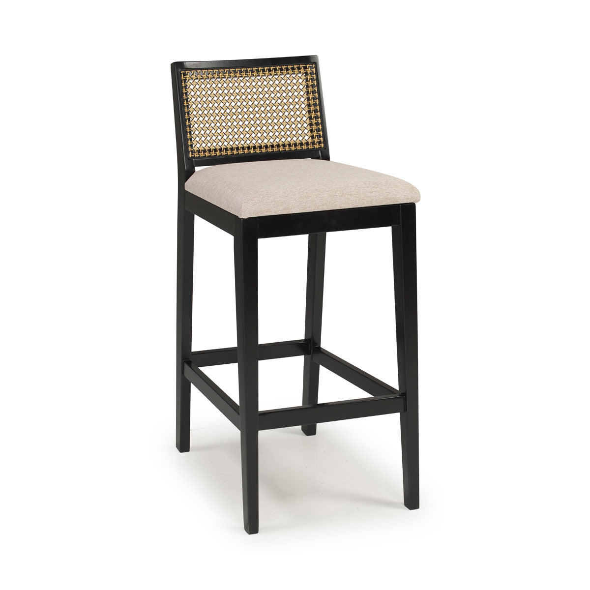Taburete Dora Madera Lacada en Negro Tejido de Paja Natural Hexagonal con Asiento Tapizado en Lino 30124
