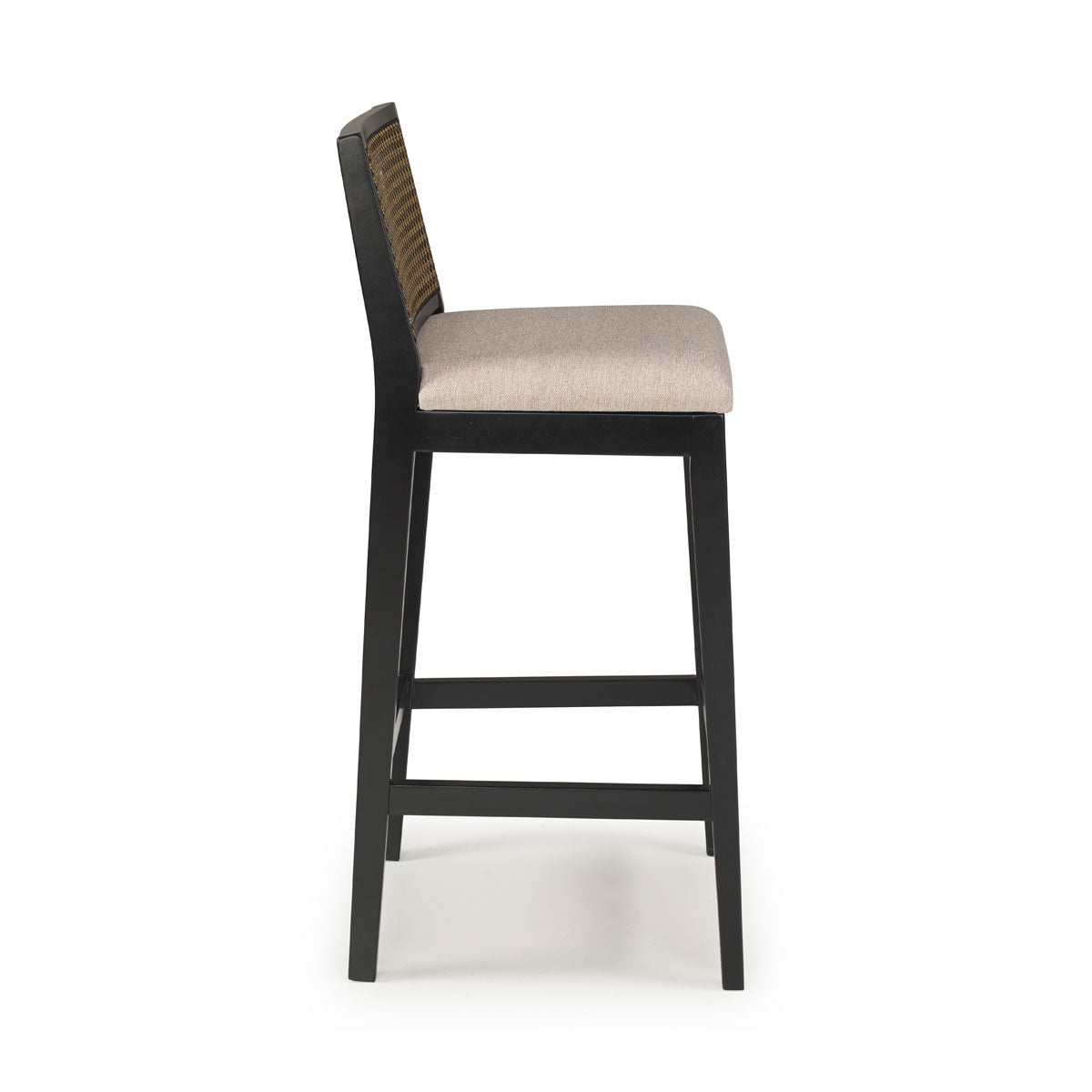 Taburete Dora Madera Lacada en Negro Tejido de Paja Natural Hexagonal con Asiento Tapizado en Lino 30124