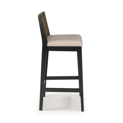 Taburete Dora Madera Lacada en Negro Tejido de Paja Natural Hexagonal con Asiento Tapizado en Lino 30124
