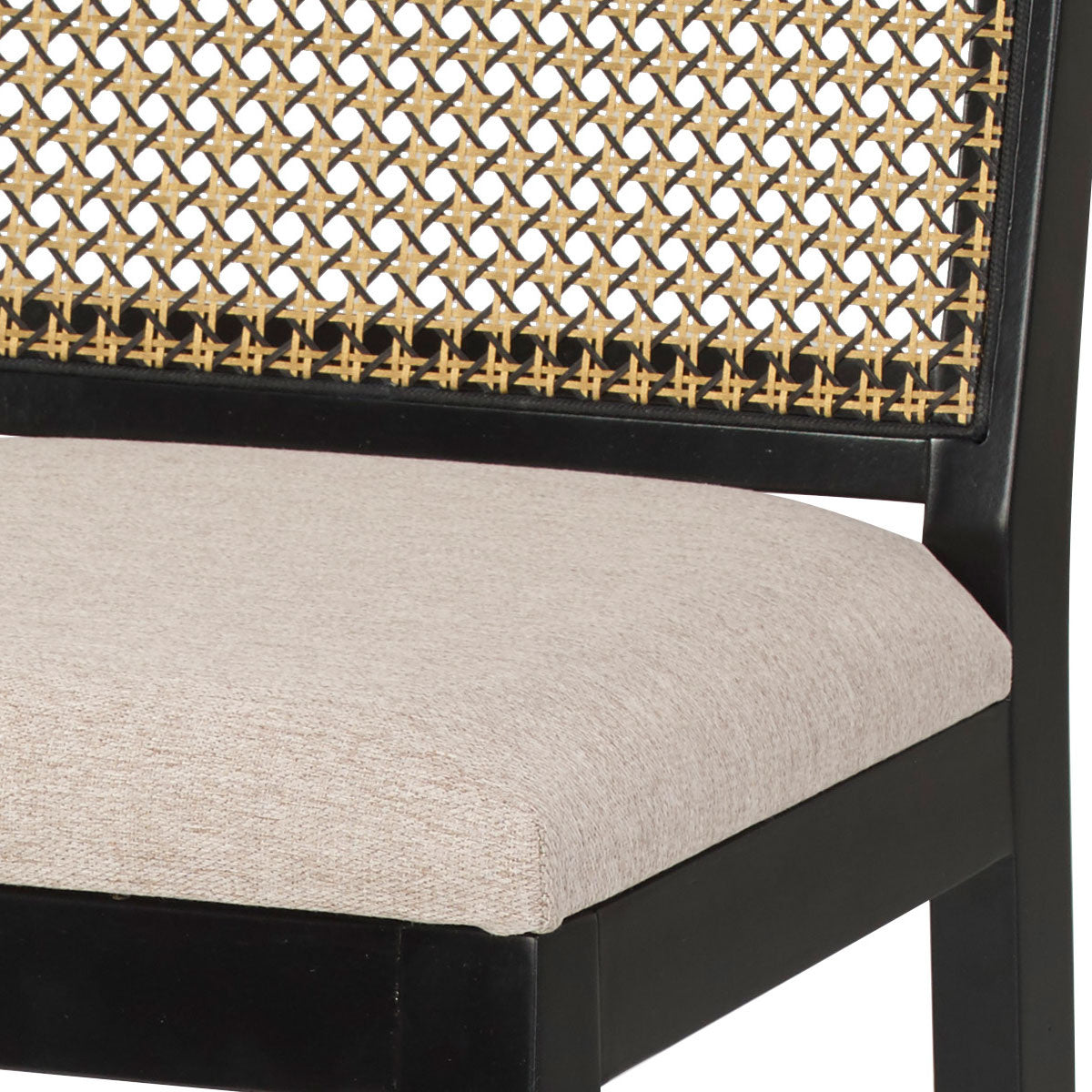 Taburete Dora Madera Lacada en Negro Tejido de Paja Natural Hexagonal con Asiento Tapizado en Lino 30124