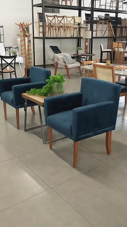 Sara Wooden Armchair Upholstered Seat in Blue Velvet