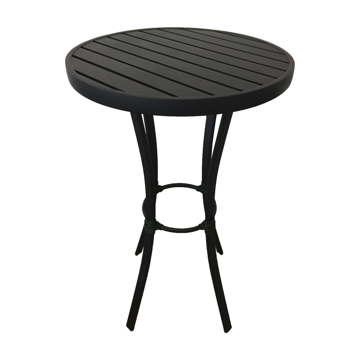 Mesa de bistro redonda de listones de aluminio en color negro, 60 cm de diámetro y detalles de cuerda náutica en color verde musgo
