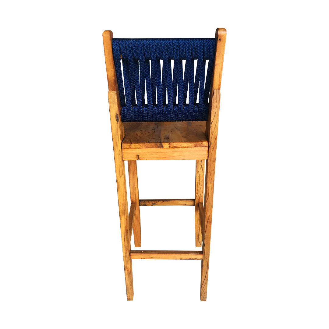 Taburete de madera maciza y cuerda náutica en color azul