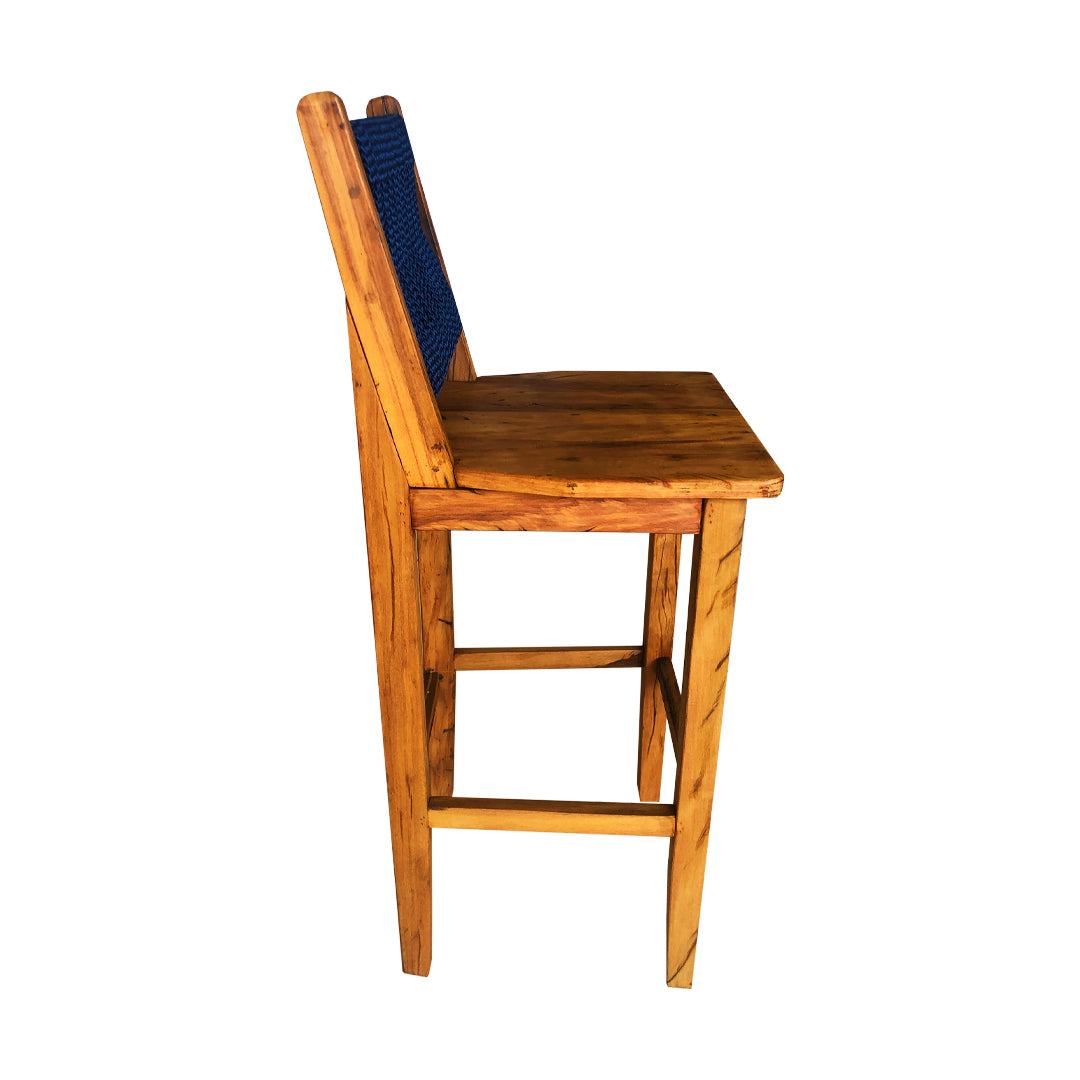 Taburete de madera maciza y cuerda náutica en color azul