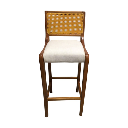 Zafira Stool Imbuia Wood Color Backrest Natural Hexagonal Straw Fabric Light Linen Upholstered Seat