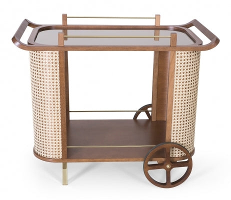 Carrito para té Dinda Bar con espejo, rueda hueca negra de paja portuguesa de bronce y nogal