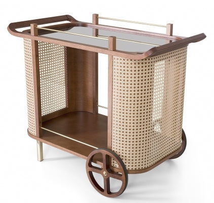 Carrito para té Dinda Bar con espejo, rueda hueca negra de paja portuguesa de bronce y nogal