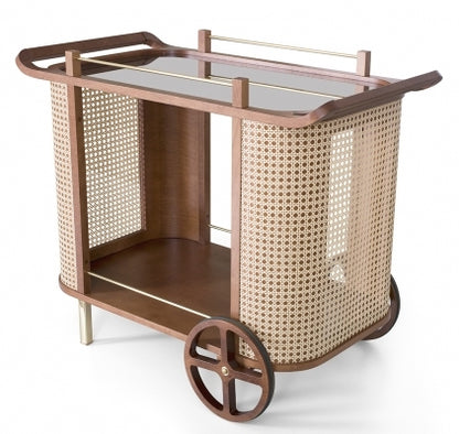 Carrito para té Dinda Bar con espejo, rueda hueca negra de paja portuguesa de bronce y nogal