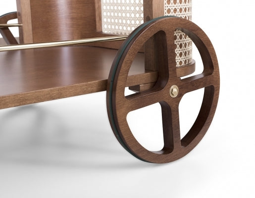 Carrito para té Dinda Bar con espejo, rueda hueca negra de paja portuguesa de bronce y nogal