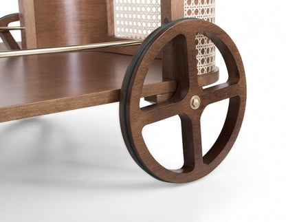 Carrito para té Dinda Bar con espejo, rueda hueca negra de paja portuguesa de bronce y nogal