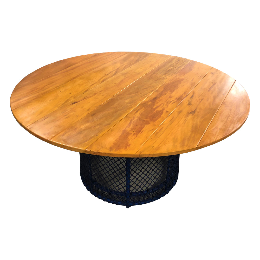Round Dining Table 140cm, Aluminum Weave Base with Nautical Rope and Solid Wood - 5 Seats