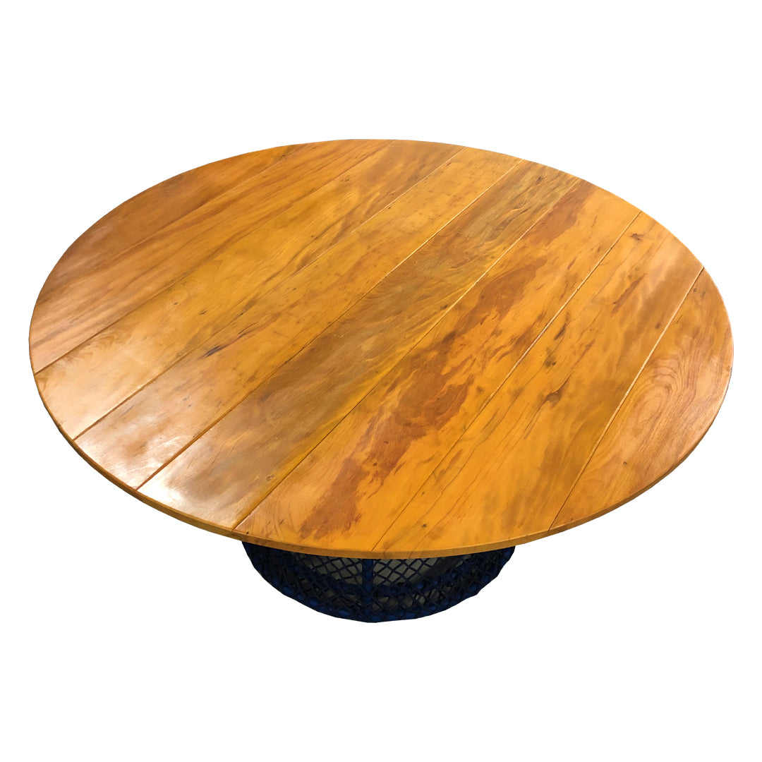 Round Dining Table 140cm, Aluminum Weave Base with Nautical Rope and Solid Wood - 5 Seats