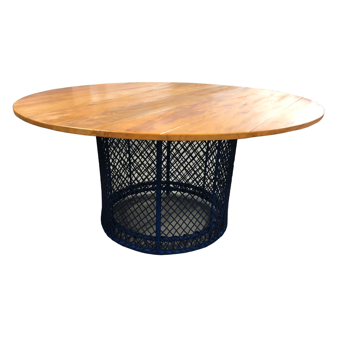Round Dining Table 140cm, Aluminum Weave Base with Nautical Rope and Solid Wood - 5 Seats