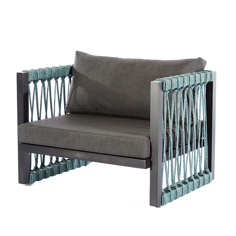 Robust Upholstered Armchair in Graphite Aluminum and Green Mixed Color Nautical Rope