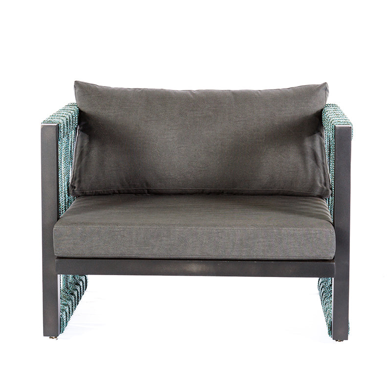 Robust Upholstered Armchair in Graphite Aluminum and Green Mixed Color Nautical Rope