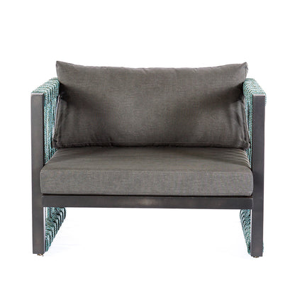 Robust Upholstered Armchair in Graphite Aluminum and Green Mixed Color Nautical Rope