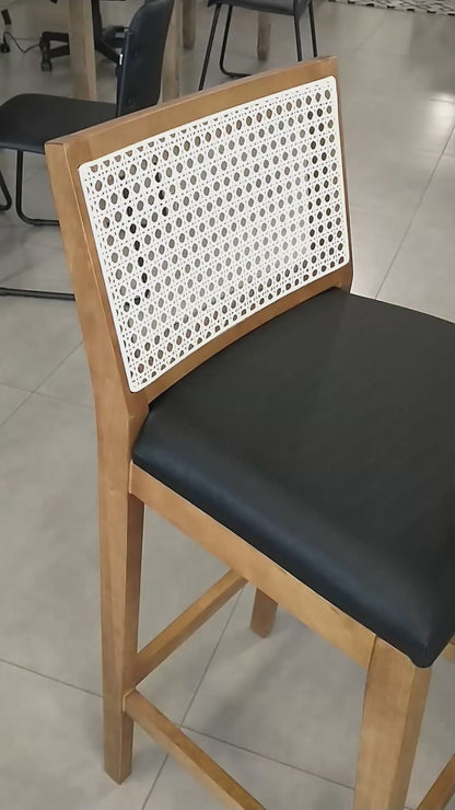 Taburete Dora Color Madera Imbuia Asiento Tapizado Lona Paja Natural Hexagonal Negro 1821